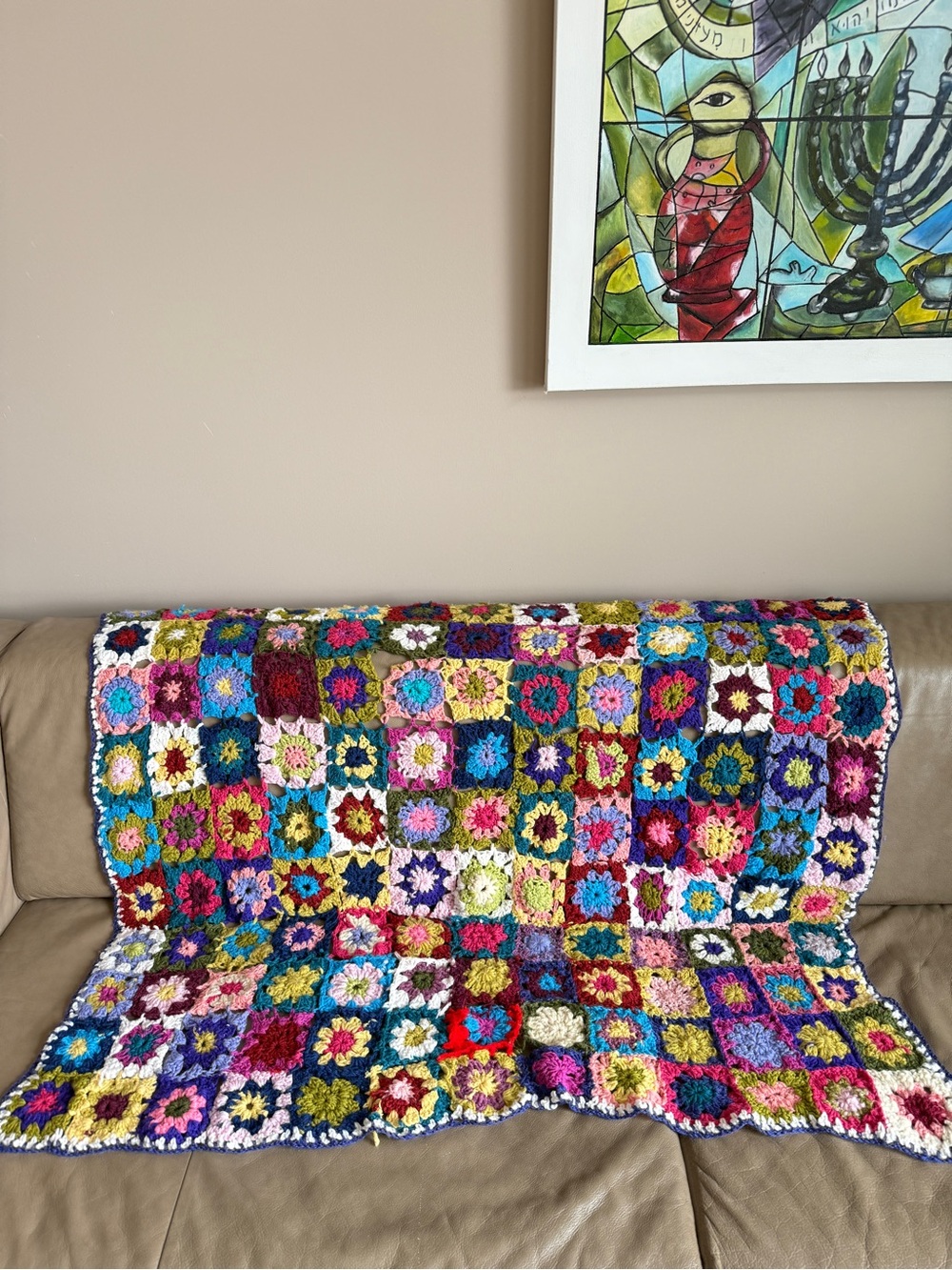 Handmade Crochet Granny Square Blanket Throw Multi Color Flowers Boho 34" x 41"